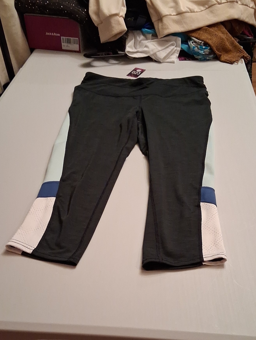 Tangerine Black Capri Leggings with Light Blue and Navy Accents
